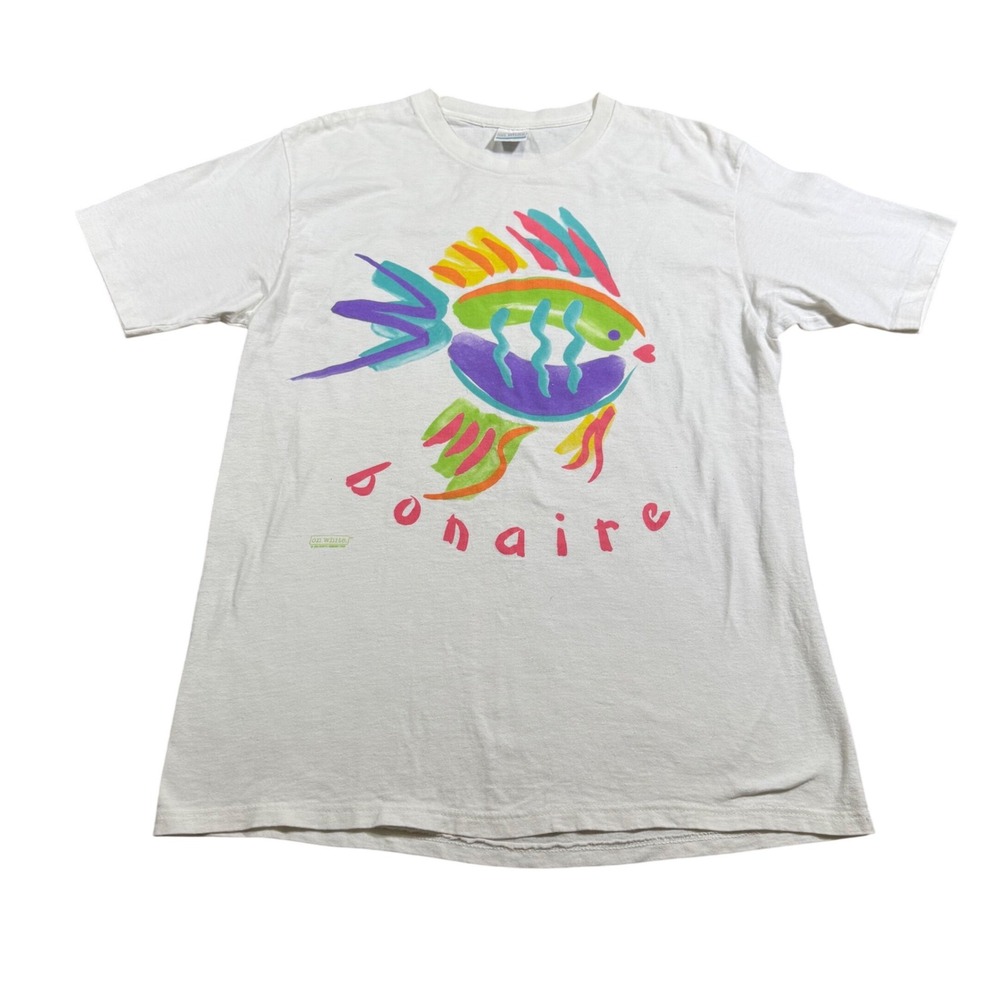 Vintage 90s Bonaire Single Stitch White Graphic Shirt Colorful‎ Abstract M/L